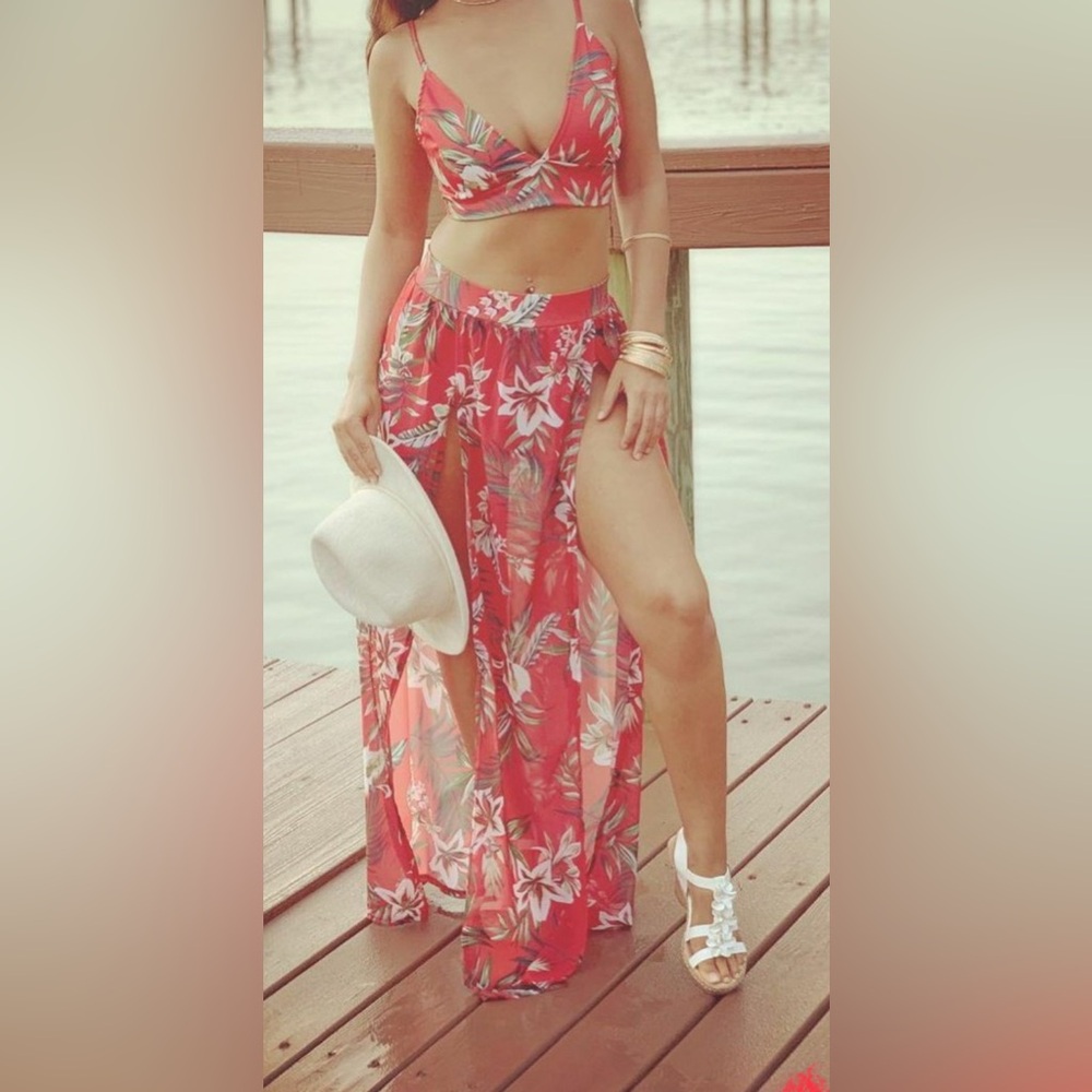 Red and White Wrap Maxi Skirt Resort Wear